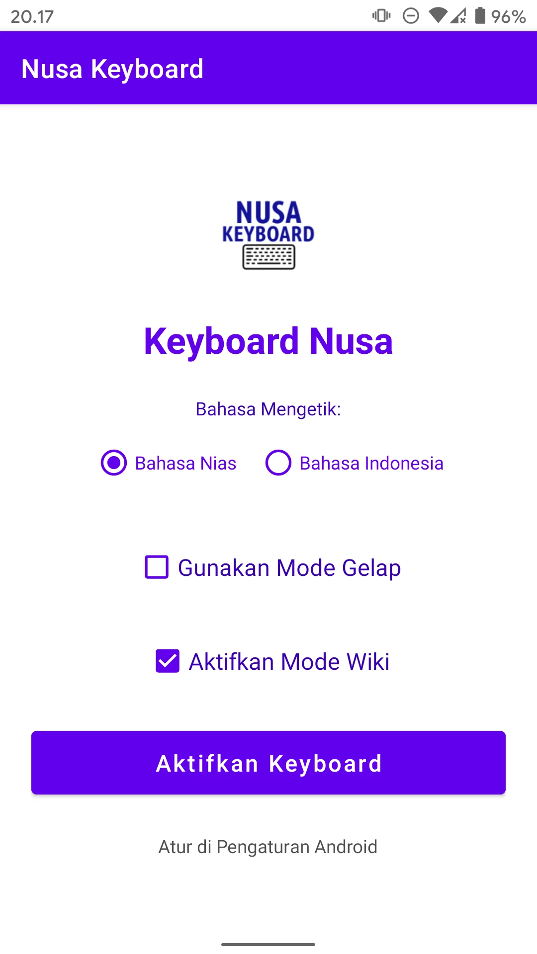 Halaman Pengaturan Nusa Keyboard
