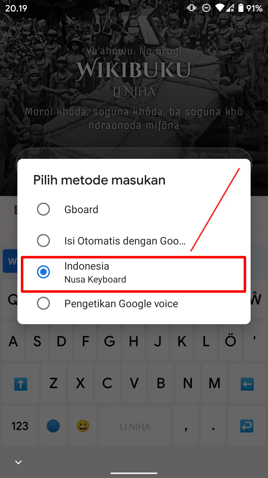 Memilih papan ketik Nusa Keyboard